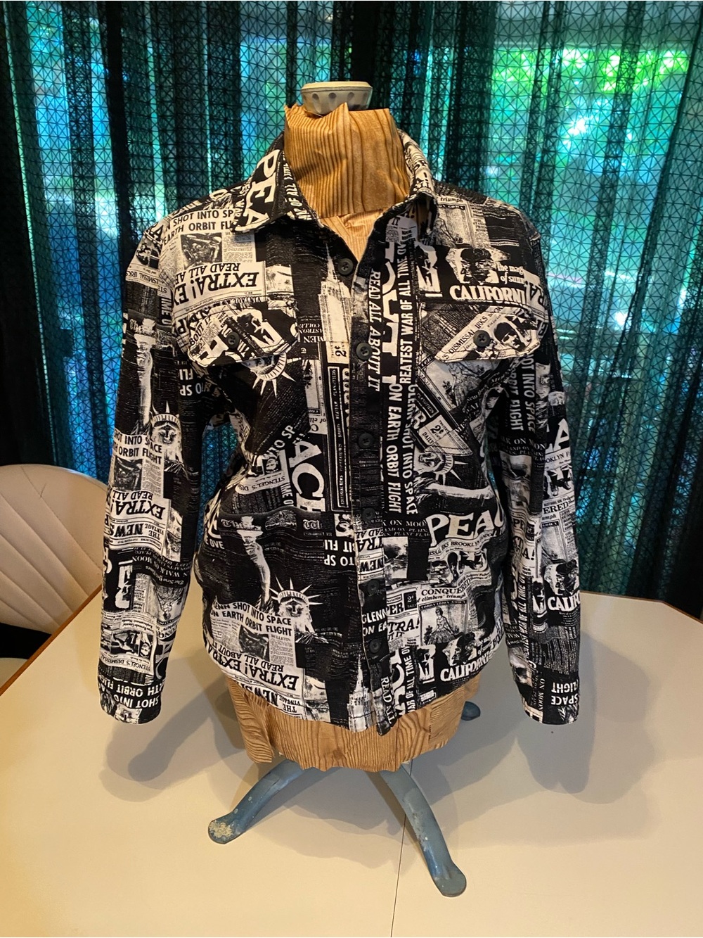 fresh Black & White Newsprint Button-Front Blouse Jacket